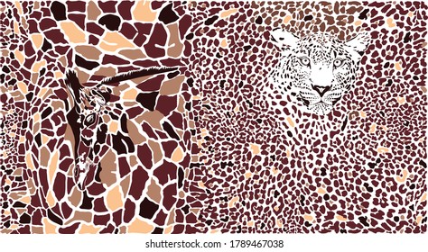 Seamless Vector Illustration Art Background with Giraffe and Leopard