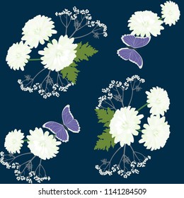 Seamless vector illustration with asters and butterflies on a dark blue background. For decoration of textiles, packaging and web design.