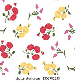 Seamless vector illustration with asters and tulips on a white background. For decorating textiles, packaging, web design.