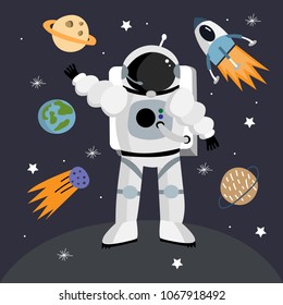 Seamless vector illustration with an astronaut and a rocket, a star and a planet on a background. Space illustration.