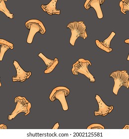 Seamless vector illustration of autumn mushrooms. Shitake, chanterelle mushrooms pattern for printing on packaging, menu, vegetarians, farms, agriculture