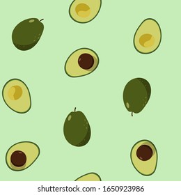 Seamless vector illustration with avocado on a green background. For textile decoration, packaging, web design.