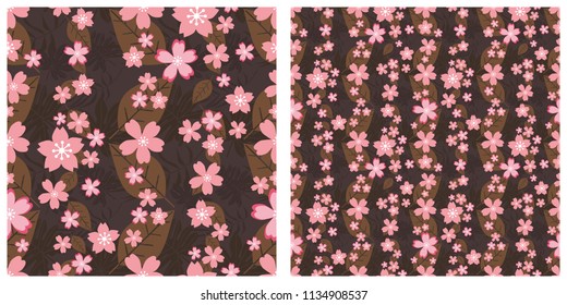 Seamless vector illustration background with cherry blossom flowers and leaves pattern.