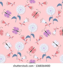 seamless vector illustration background with decorative flowers and butterflies