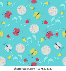 seamless vector illustration background with decorative flowers and butterflies