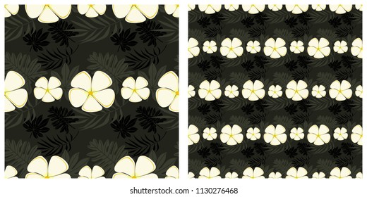 Seamless vector illustration background with plumeria flowers and tropical leaves pattern.