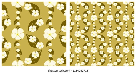Seamless vector illustration background with plumeria flowers and leaves pattern.