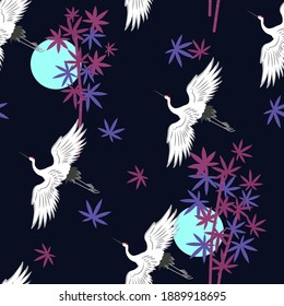 Seamless vector illustration with bamboo and crane birds on a violet background. For decorating textiles, packaging, wallpaper.