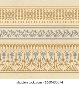 Seamless vector illustration based on the Egyptian national ornament with lotus flower in a linear style on brown background.