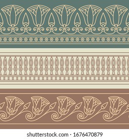 Seamless vector illustration based on the Egyptian national ornament with lotus flower in a linear style on brown background.