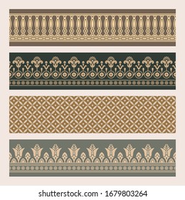 Seamless vector illustration based on the Egyptian national ornament with lotus flower in a linear style on brown background.