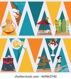 Seamless vector illustration based on colorful bright triangles on white background and vacation objects and girl. Pattern with ice cream, bags, sea and sunbed in blue, red and yellow