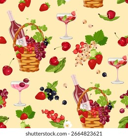 Seamless vector illustration of a basket filled with berries, fruits, and drinks on a beige background. This illustration can be used for decorating textiles and packaging.