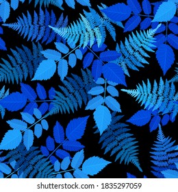 Ilustración vectorial sin foco con bellas hojas azules sobre un fondo negro. Para decorar textiles, embalajes, papel pintado.