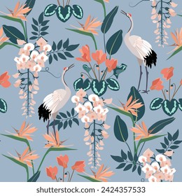 Ilustración vectorial sin fisuras con ciclamen hermoso, glicinia y grúa sobre un fondo azul. Para la decoración de textiles, embalaje, diseño web.