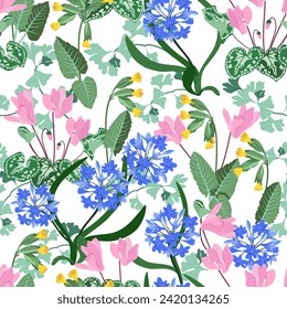 Ilustración vectorial sin foco con hermosas flores de jardín sobre un fondo blanco. Para decorar textiles, embalajes, diseño web.