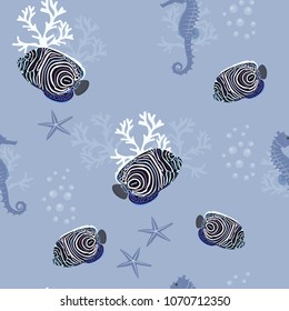 Seamless vector illustration with beautiful tropical fish and seahorse on blue background. For decorating textiles, packaging and wallpaper.