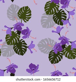 Nahtlose Vektorillustration mit wunderschönen tropischen Hibiskusblumen und Monsterablättern. Für die Dekoration von Textilien, Verpackung, Web-Design, Tapete.