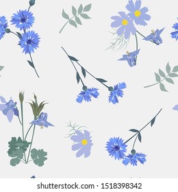 Seamless vector illustration with beautiful wildflowers on a white background. For decoration of textiles, packaging, web design, wallpaper.