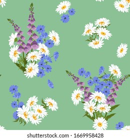 Ilustración vectorial transparente con hermosas flores silvestres sobre un fondo verde. Para decorar textiles, embalajes, papel pintado.