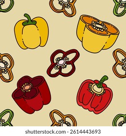 Seamless Vector Illustration of Bell Pepper Slices for Spicy and Flavorful Dishes with a Crunch. Can Be Used as Background, Banner, Print, Textile, Fashion, and Food Packaging Design