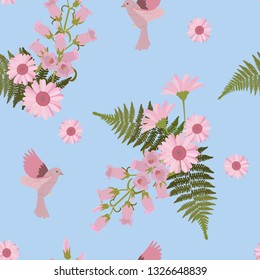Seamless vector illustration with bird, chamomile and campanula on a blue background. For decorating textiles, packaging, web design.