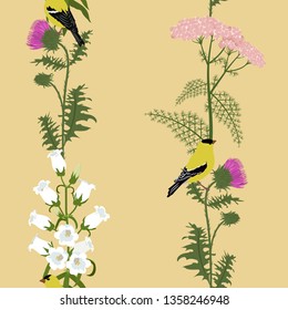 Seamless vector illustration with birds and campanula, thistle on a beige background. For decorating textiles, packaging, web design.