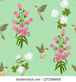 Seamless vector illustration with birds and campanula on a green background. For decorating textiles, packaging, web design.