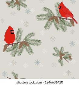 Seamless vector illustration with birds Cardinal and fir branches on gray background. For decorating textiles, packaging, web design.