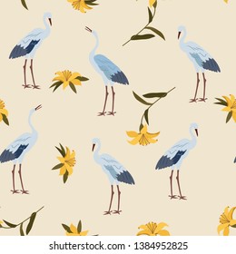 Seamless vector illustration with birds cranes and lilies on a beige background. For decoration of textiles, packaging, design.