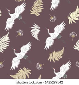 Seamless vector illustration with birds cranes and fern leaves on a dark background. For decoration of textiles, packaging, wallpaper.