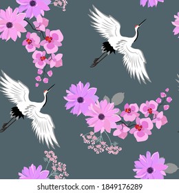 Ilustración vectorial sin foco con grúas de aves, dahlia y orquídea sobre fondo gris oscuro. Para decorar textiles, embalajes, diseño web.