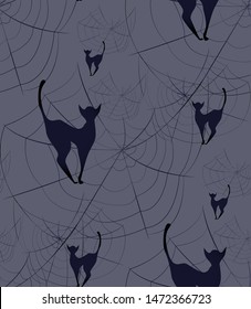 Seamless vector illustration. Black cats and cobwebs on a gray background.