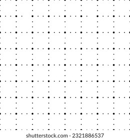 Nahtlose Vektorgrafik von schwarzen Punkten verschiedener Größen, großen und kleinen schwarzen Kreisen auf weißem Hintergrund.