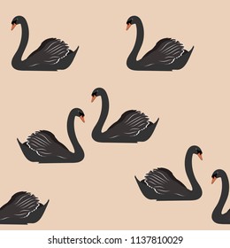 Seamless vector illustration with black swans on a beige background. For decorating textiles, packaging and wallpaper.