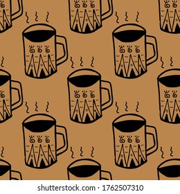 Seamless vector illustration of black tribal style Motif art coffee mug on brown background for making many kinds of printing or textile graphic related Aboriginal, Maya, Inca, African trendy style