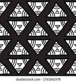 Seamless vector illustration of black and white tribal style Motif art on black background for making many kinds of printing or textile graphic related Aboriginal, Maya, Inca, African trendy style