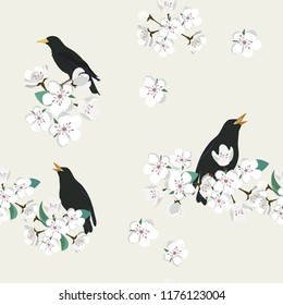Seamless vector illustration with a blooming apple and bird nightingale. For decoration of textiles, packaging, wallpaper.