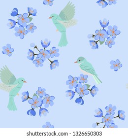 Seamless vector illustration of a blooming apple tree with birds on a blue background. For decorating textiles, packaging, web design.