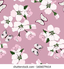 Seamless vector illustration with blooming cherry and butterflies on a pink background. For decorating textiles, packaging, wallpaper.
