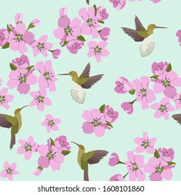 Seamless vector illustration with blooming cherry and birds. For decorating textiles, packaging, wallpaper.