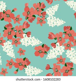 Seamless vector illustration with blooming cherry and lilac . For decorating textiles, packaging, wallpaper.