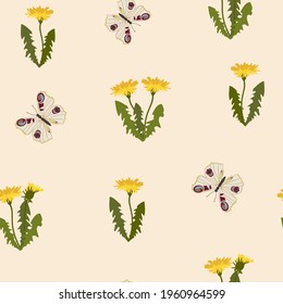 Seamless vector illustration with blooming dandelions and butterflies on a beige background. For decorating textiles, packaging, wallpaper.