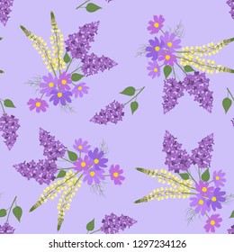 Seamless vector illustration with blooming lilac and lupine on a lilac background. For decorating textiles, packaging, web design.