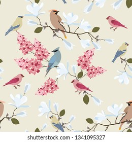 Seamless vector illustration with blooming lilac, magnolia and birds . For decorating textiles, packaging, web design.