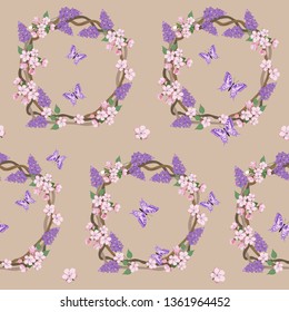 Seamless vector illustration with blooming lilac, sakura and butterfly on a beige background. For decorating textiles, packaging, web design.