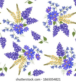 Seamless vector illustration with blooming lilac and lupine, bluebell on a white background. For decorating textiles, packaging, web design.