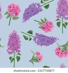 Seamless vector illustration with blooming lilac and rhododendron on a blue background. For decorating textiles, packaging, web design