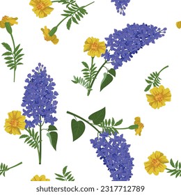 Seamless vector illustration with blooming lilac and marigold on a white background. For decorating textiles, packaging, web design