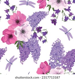 Seamless vector illustration with blooming lilac, anemone, campanula and dragonflies on a white background. For decorating textiles, packaging, web design.